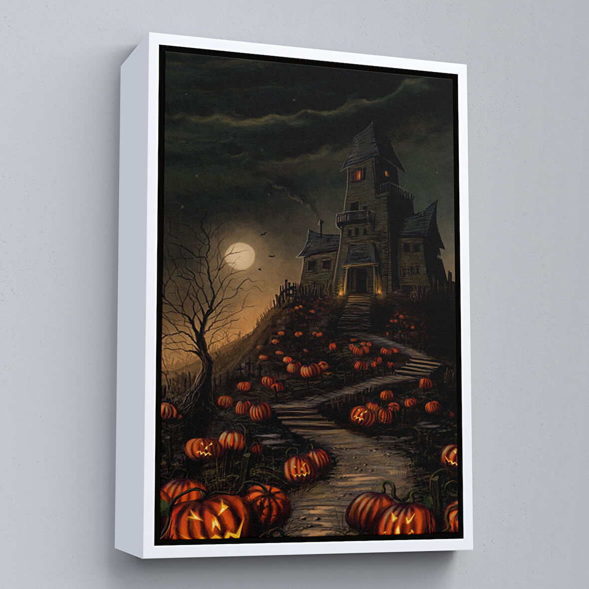 Beyaz Çerçeveli Korku Evi Cadılar Bayramı Dekoru, Cadılar Bayramı Partisi Kanvas Tablo