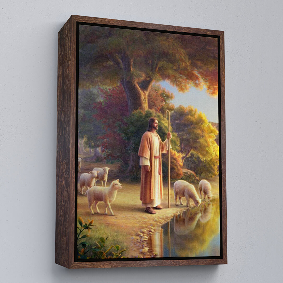 Kahverengi Çerçeveli Kuzularla Göl Kenarında Duran İsa Mesih, Hristiyan Kilise Hediyesi Kanvas Tablo