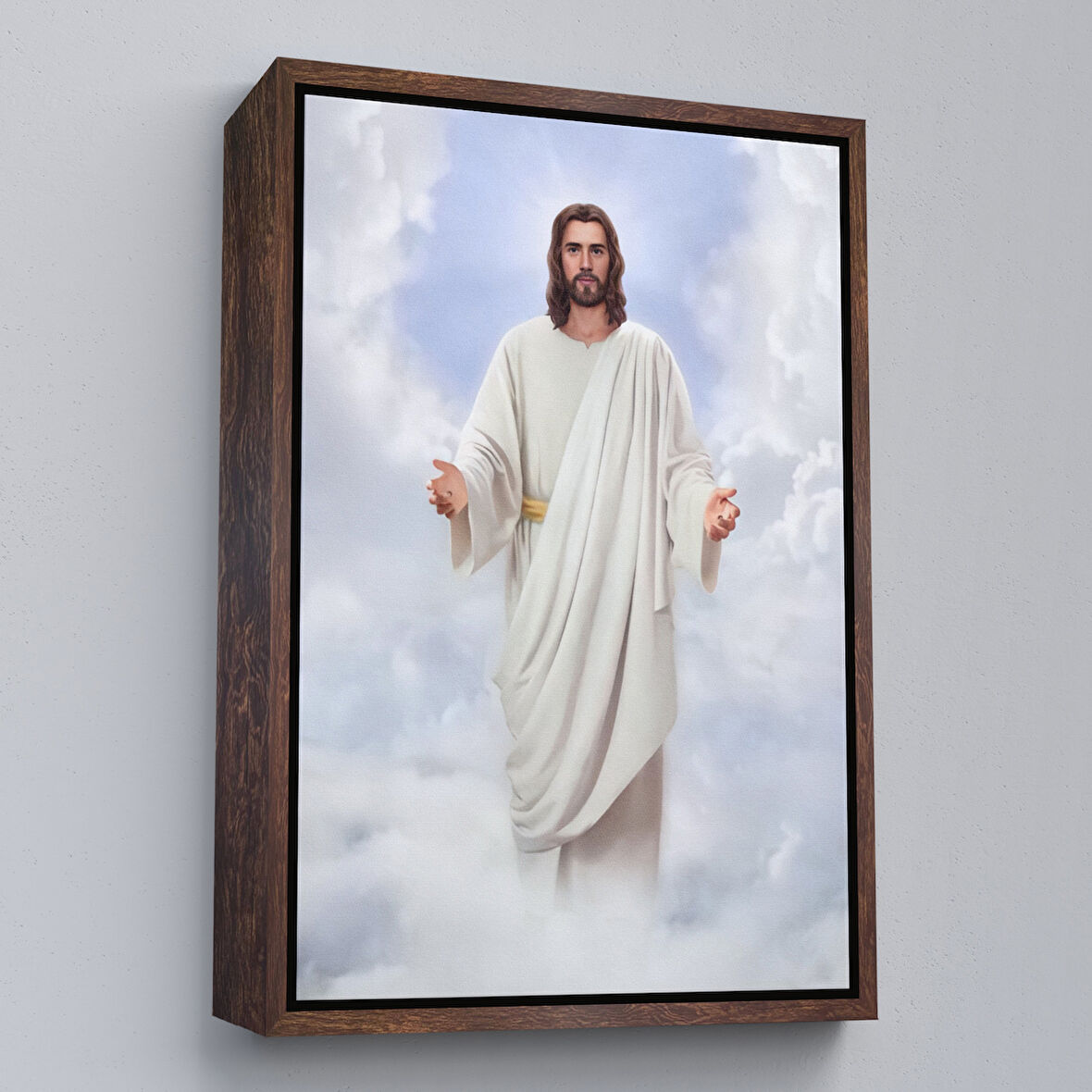 Kahverengi Çerçeveli Rab İsa Bulutlarda Göründü, Kilise Hediyesi Hristiyan Kanvas Tablo