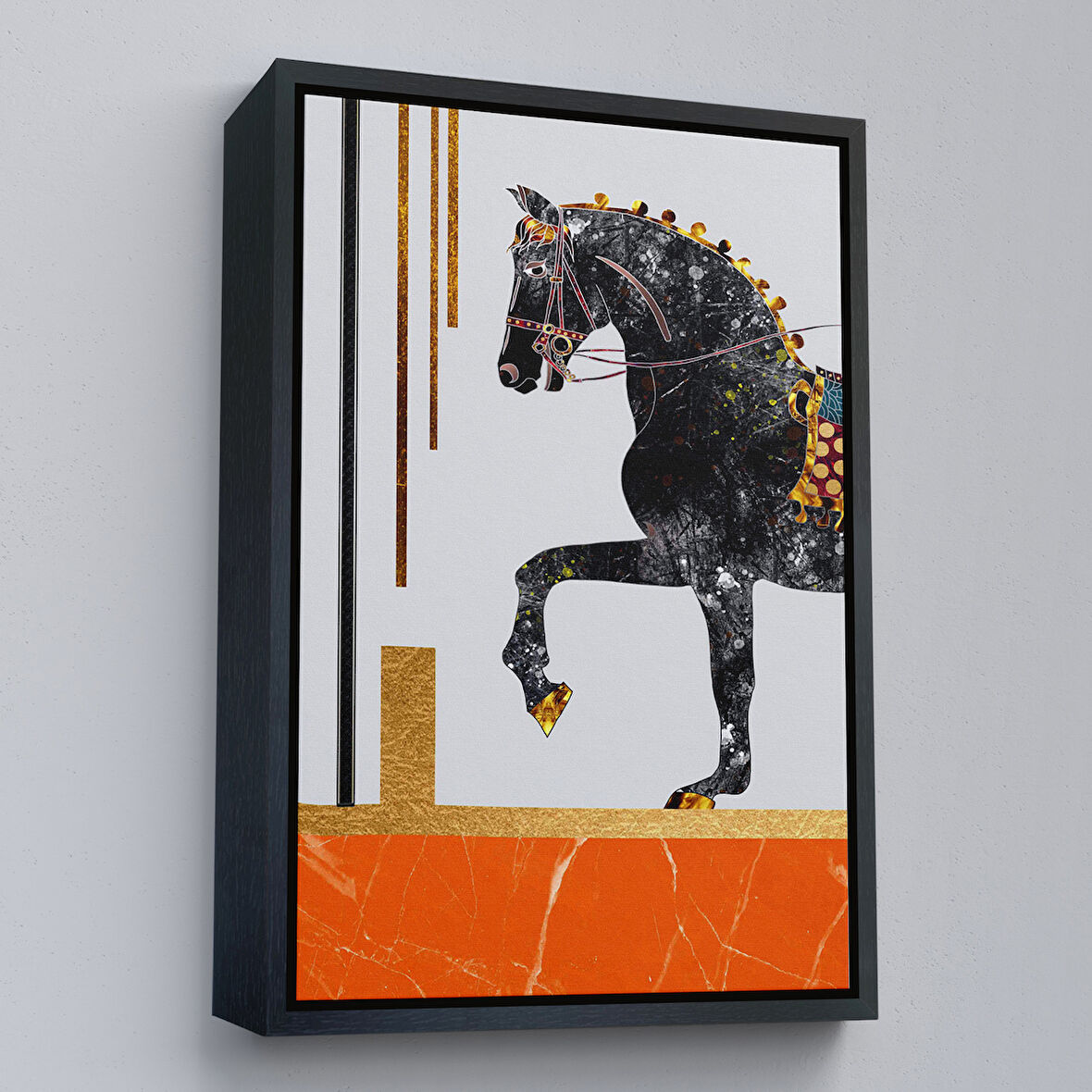 Siyah Çerçeveli Modern Siyah At Soyut Tablo