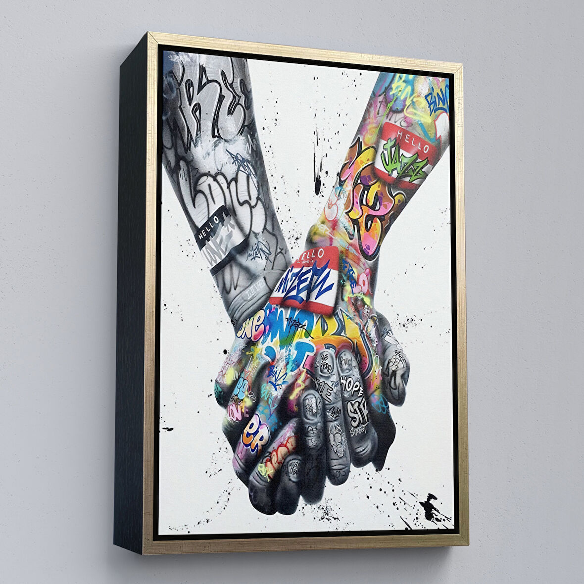 Altın Çerçeveli Graffiti El Duvar Posteri, El Ele Tutarak Duvar Sanatı Kanvas Tablo