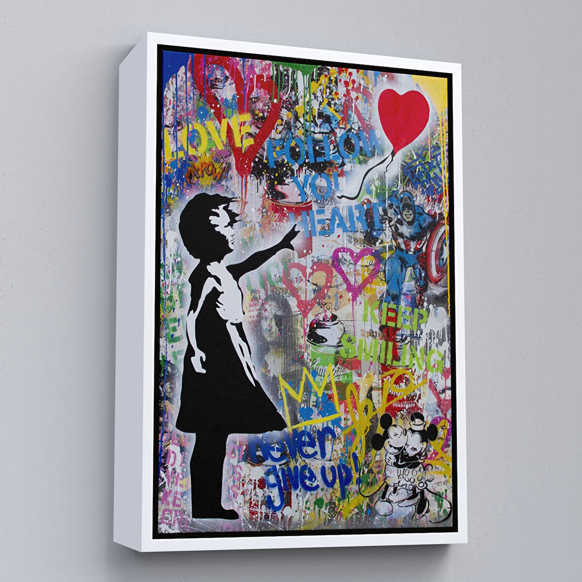 Beyaz Çerçeveli Renkli Balon Kız Sanatı, Banksy Kanvas Tablo
