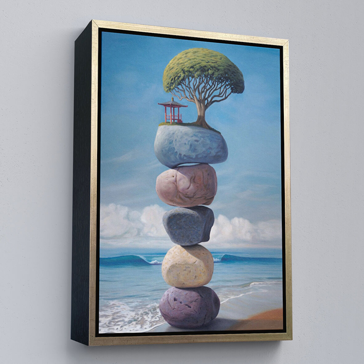 Altın Çerçeveli Sahilde Renkli Denge Taşları Kanvas Tablo, Terapi, Meditasyon, Yoga Baskısı