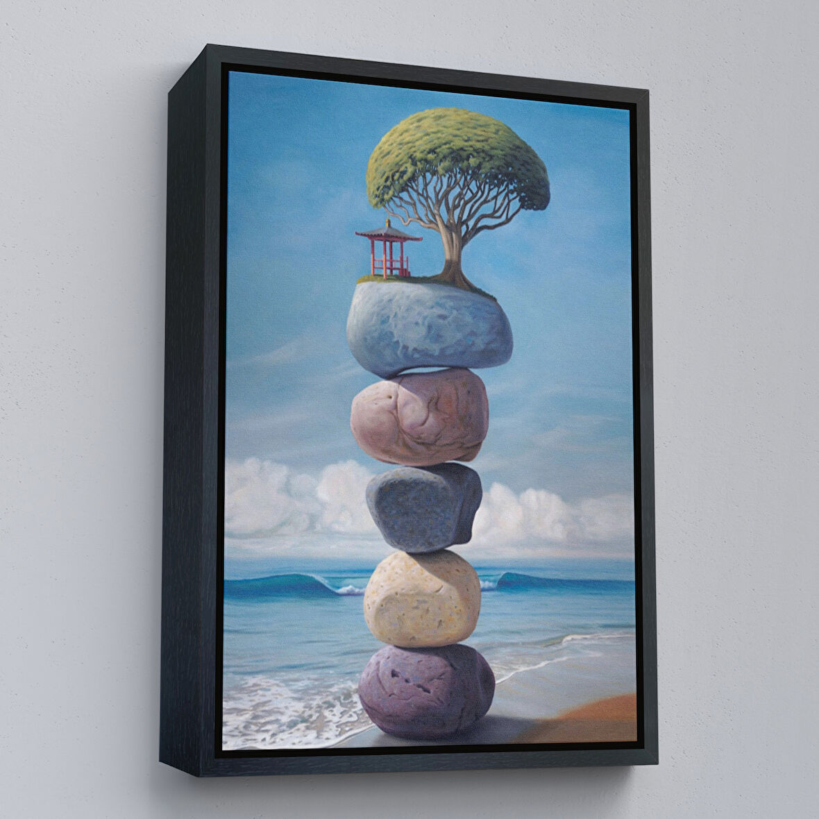 Siyah Çerçeveli Sahilde Renkli Denge Taşları Kanvas Tablo, Terapi, Meditasyon, Yoga Baskısı