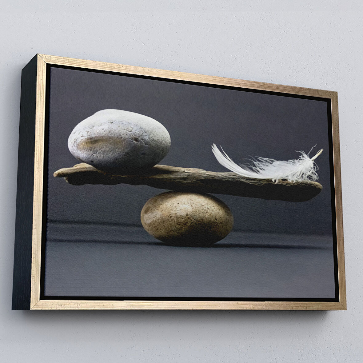 Altın Çerçeveli Taş ve Tüy Dengesi Tuval Duvar Sanatı, Tuval Baskı Ev ​​Dekorasyon, Ofis Dekorasyon