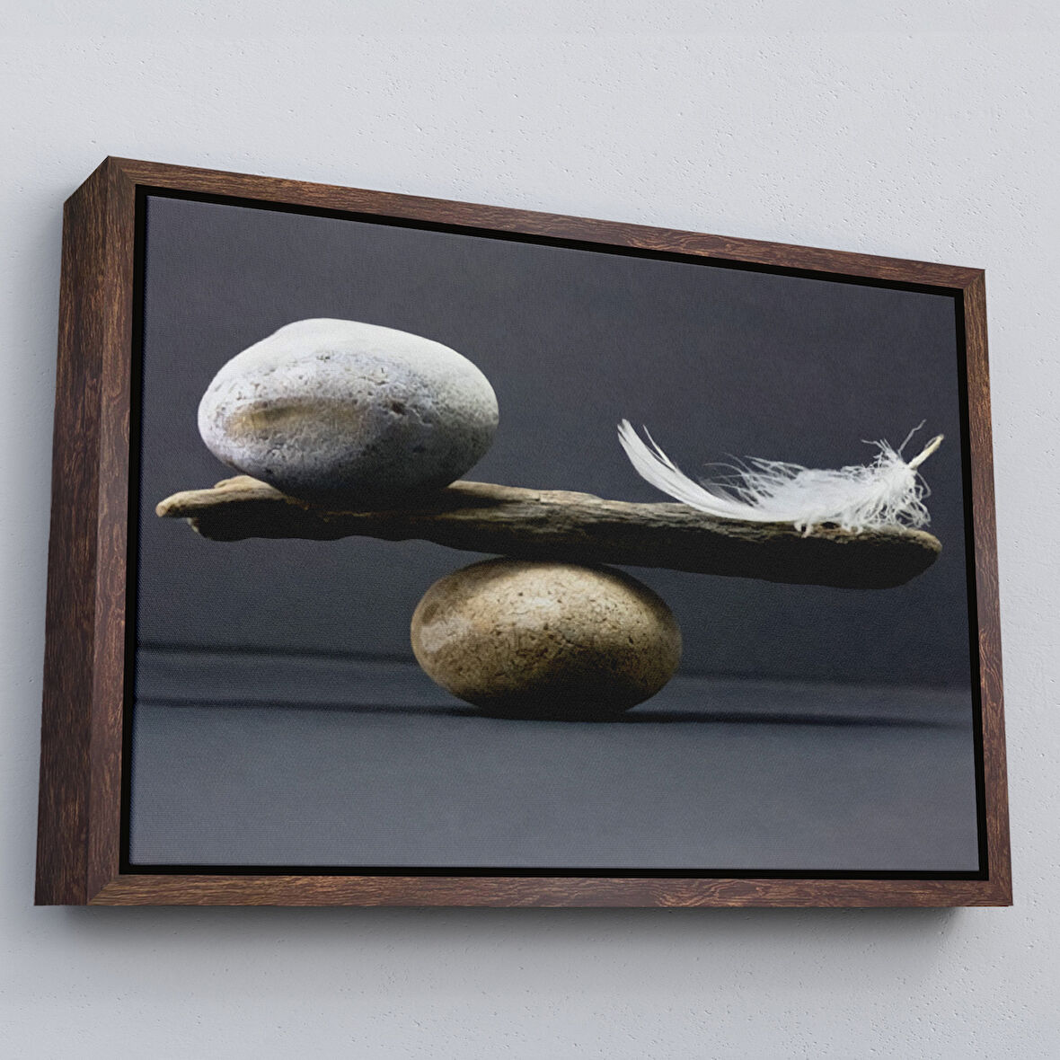 Kahverengi Çerçeveli Taş ve Tüy Dengesi Tuval Duvar Sanatı, Tuval Baskı Ev ​​Dekorasyon, Ofis Dekorasyon