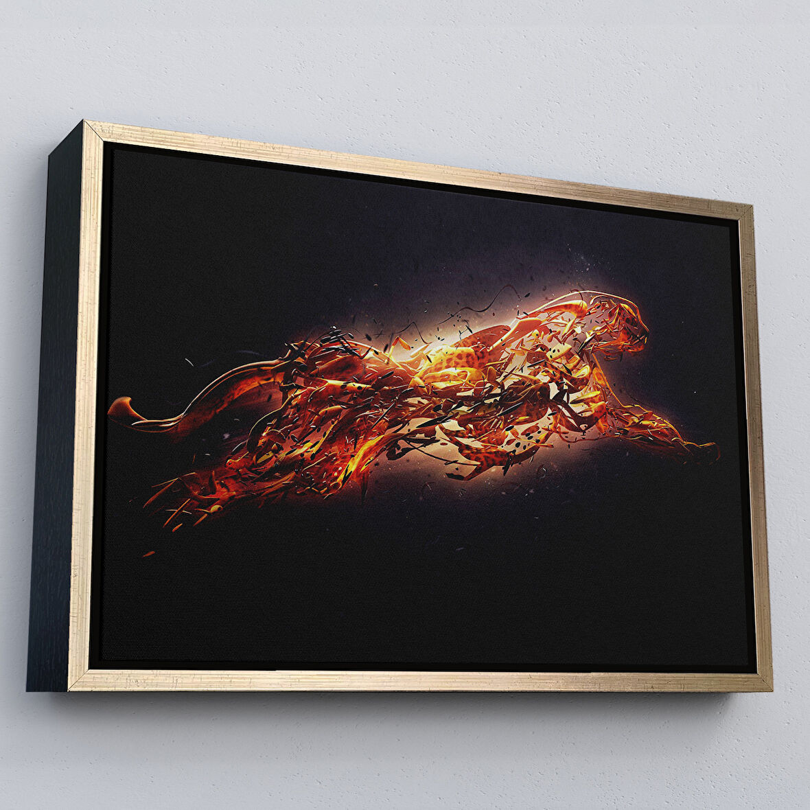 Altın Çerçeveli Altın Renkli Koşan Çita Kanvas Tablo, Hayvan Duvar Sanatı, Büyük Kanvas Tablo