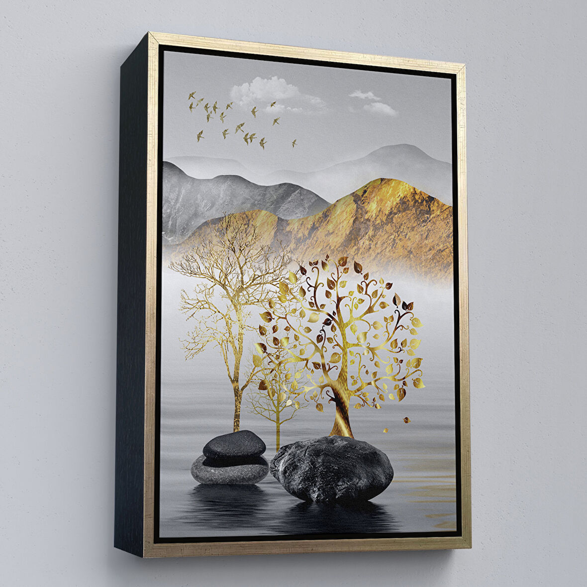 Altın Çerçeveli Modern Renkli Soyut Tablo