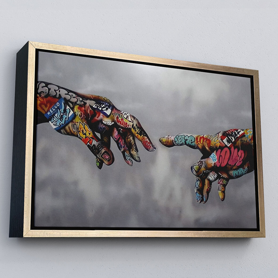 Altın Çerçeveli Tanrının Eli Tablo, Hıristiyanlara Hediye, İncil Severler, Banksy Graffiti Sanatı