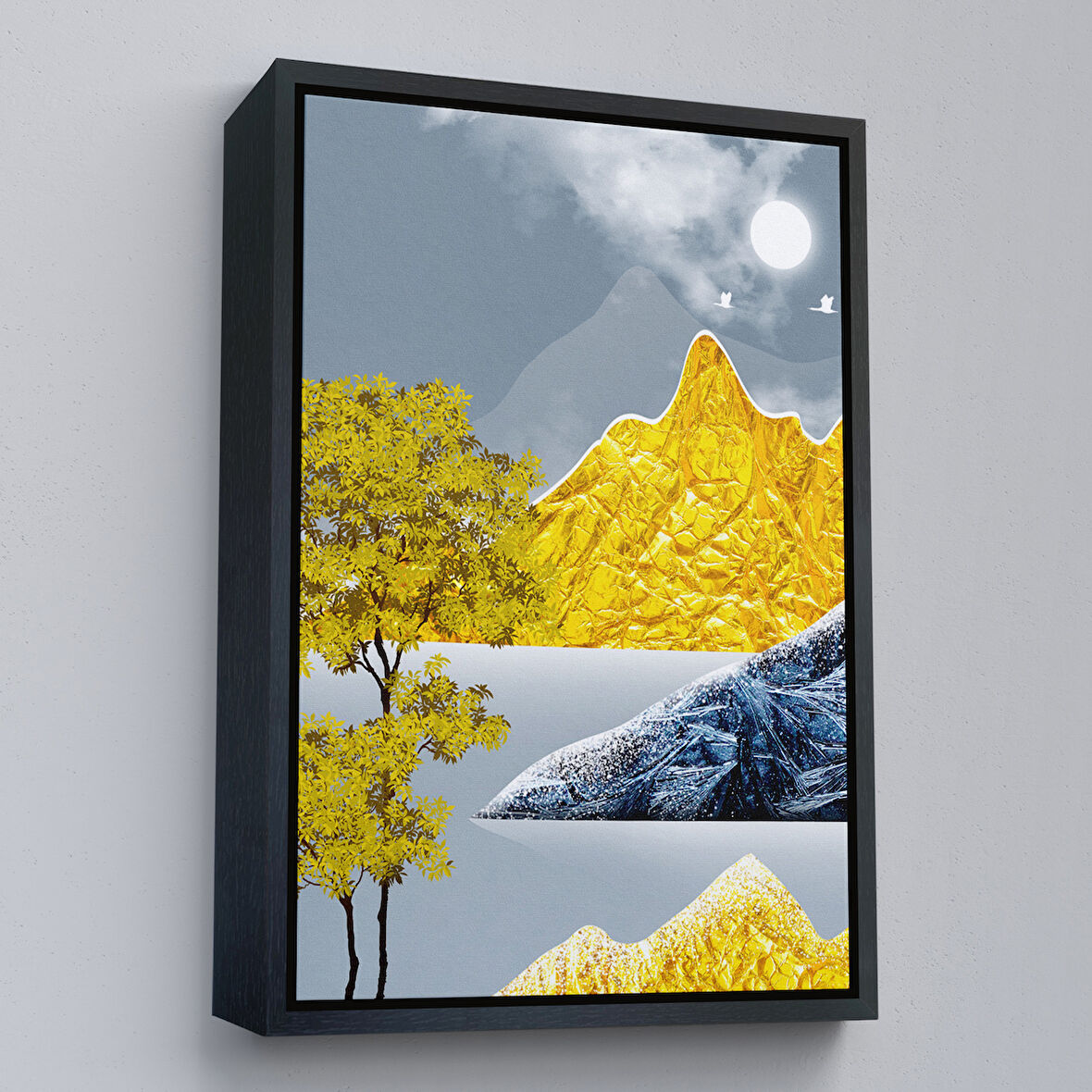 Siyah Çerçeveli Modern Altın Soyut Tablosu