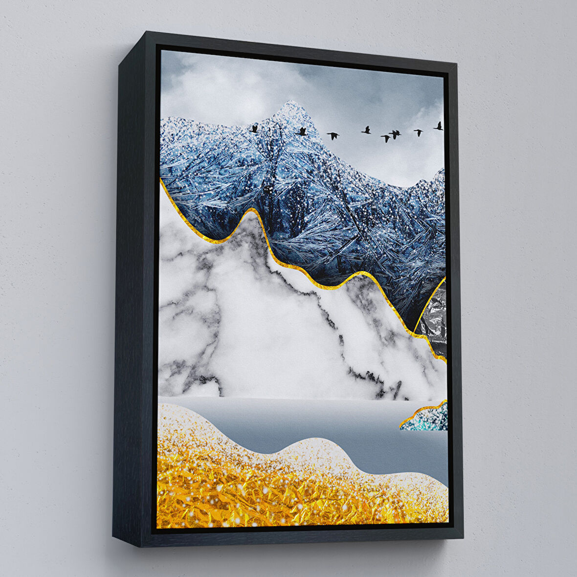 Siyah Çerçeveli Modern Altın Soyut Tablosu