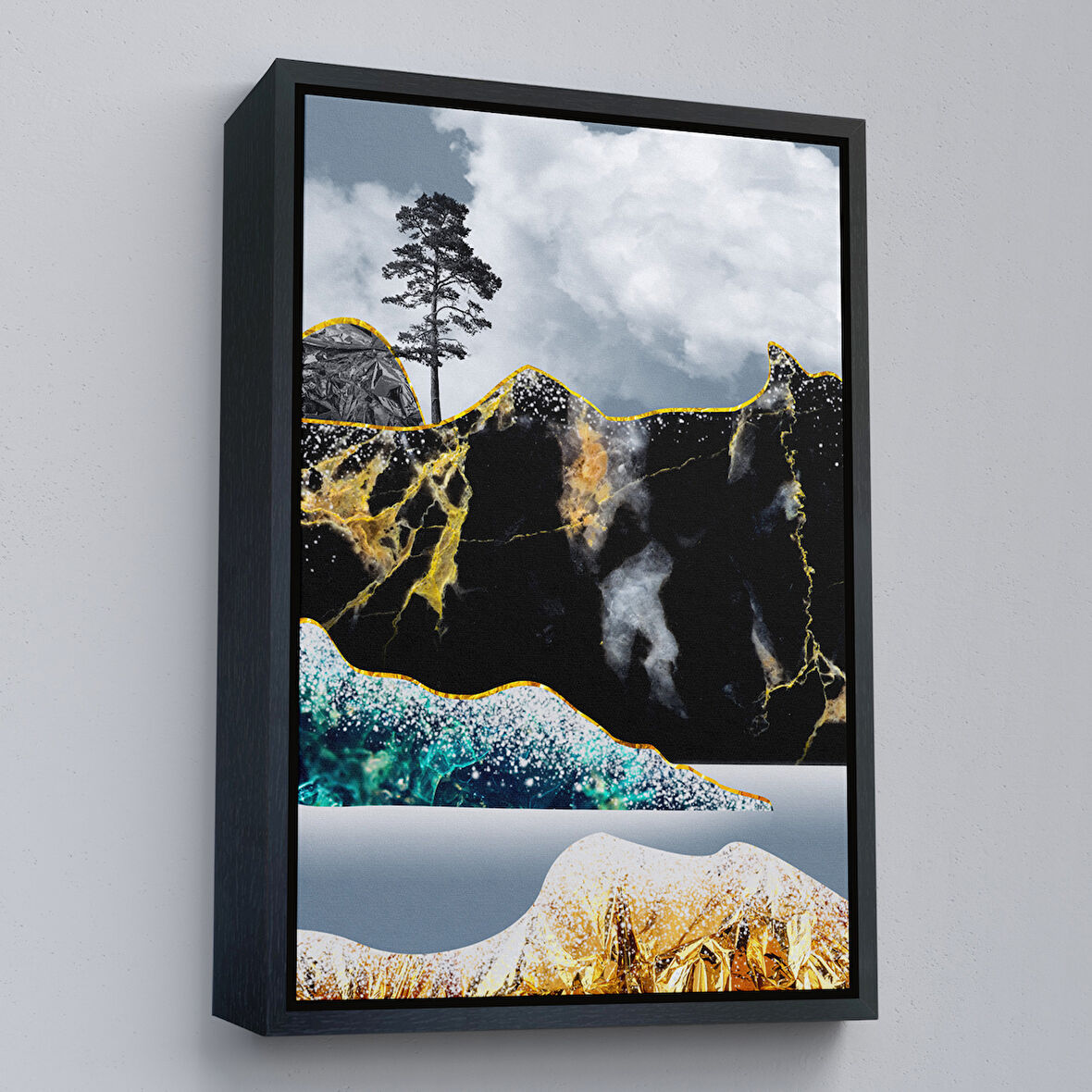 Siyah Çerçeveli Modern Altın Soyut Tablosu