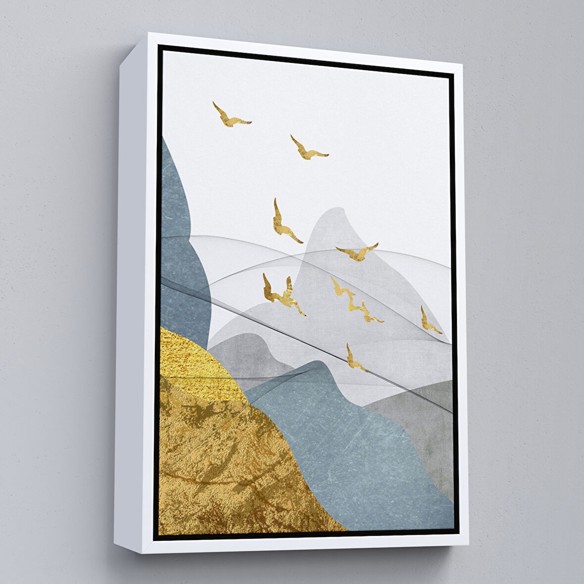 Beyaz Çerçeveli Modern Altın Soyut Tablosu