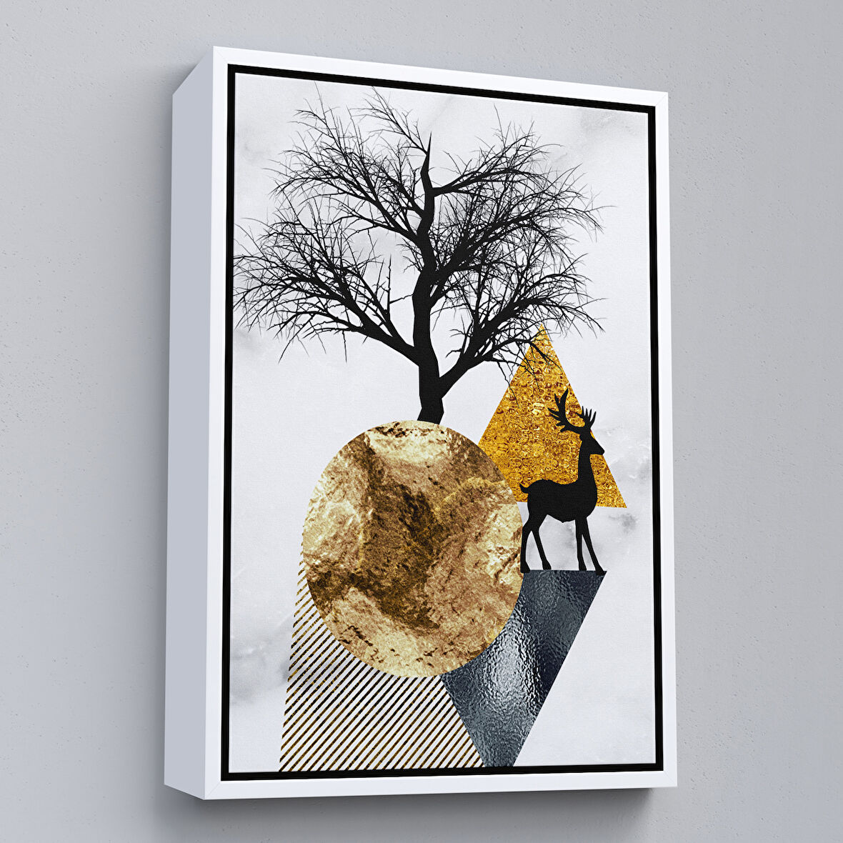 Beyaz Çerçeveli Modern Altın Soyut Tablosu