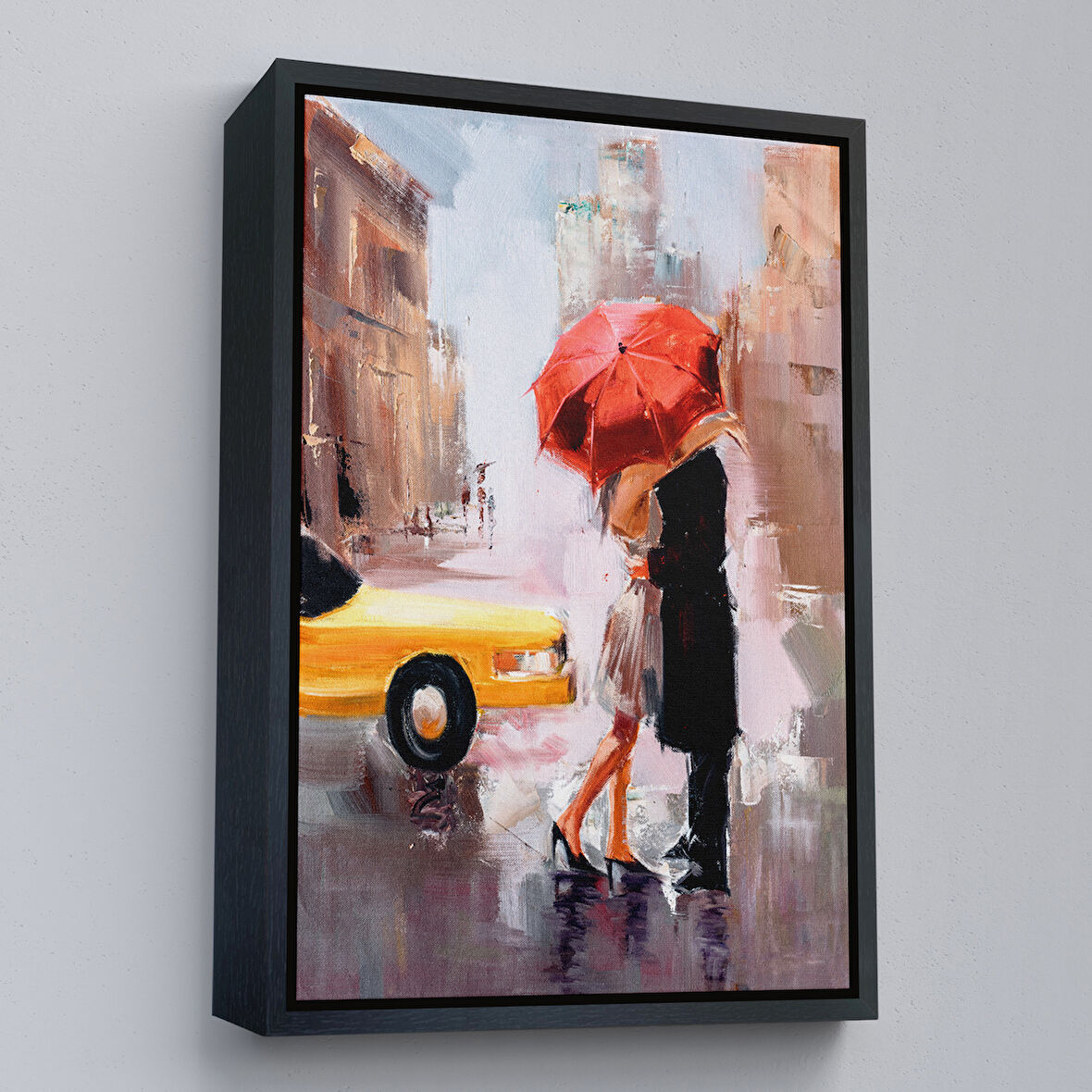 Siyah Çerçeveli Kavuşan Aşıklar Yağlıboya Görünüm Dekoratif Kanvas Duvar Tablosu