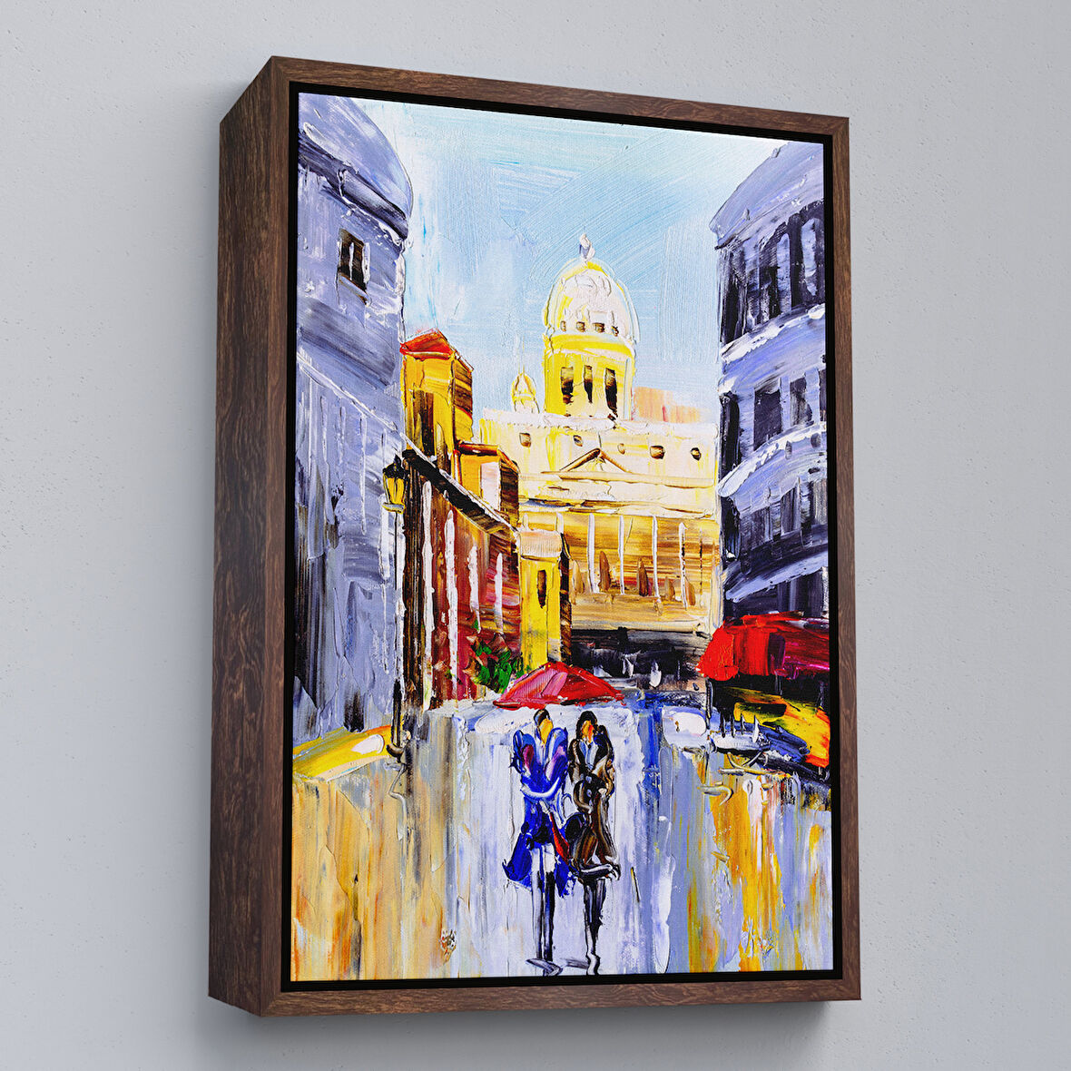 Kahverengi Çerçeveli İtalya Şehir Manzarası Yağlıboya Görünüm Dekoratif Kanvas Duvar Tablosu