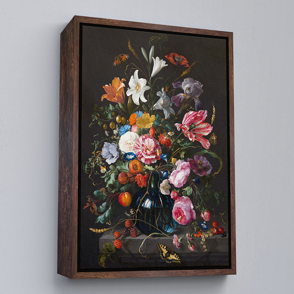 Kahverengi Çerçeveli Renkli Çiçekler Yağlıboya Görünüm Dekoratif Kanvas Duvar Tablosu