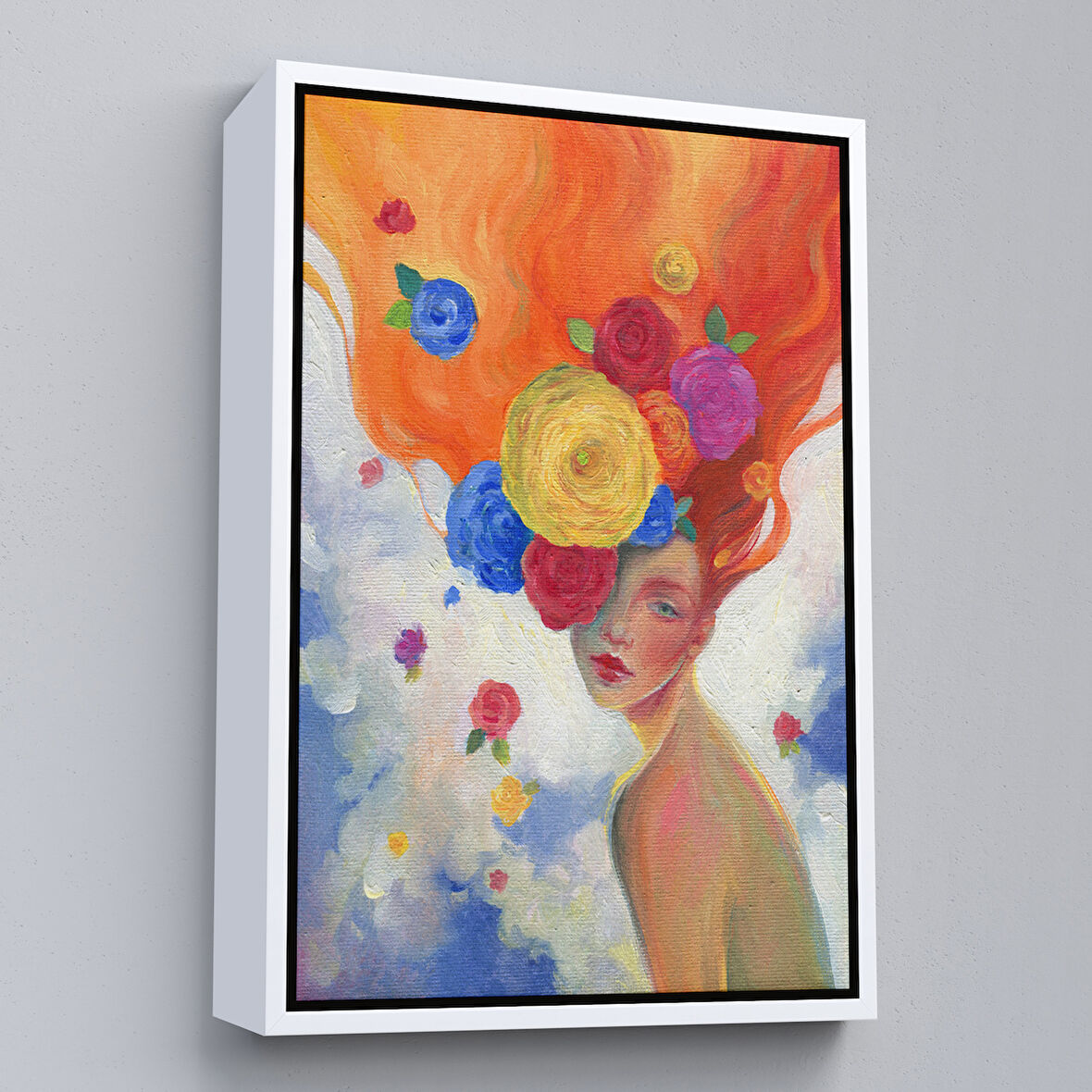 Beyaz Çerçeveli Çiçek Saçlı Kadın Yağlıboya Görünüm Dekoratif Kanvas Duvar Tablosu