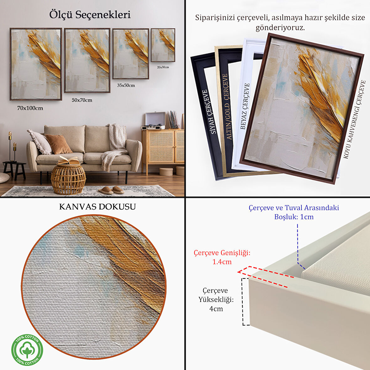 Kahverengi Çerçeveli Yağlıboya Görünümlü Modern Tüy Tablosu