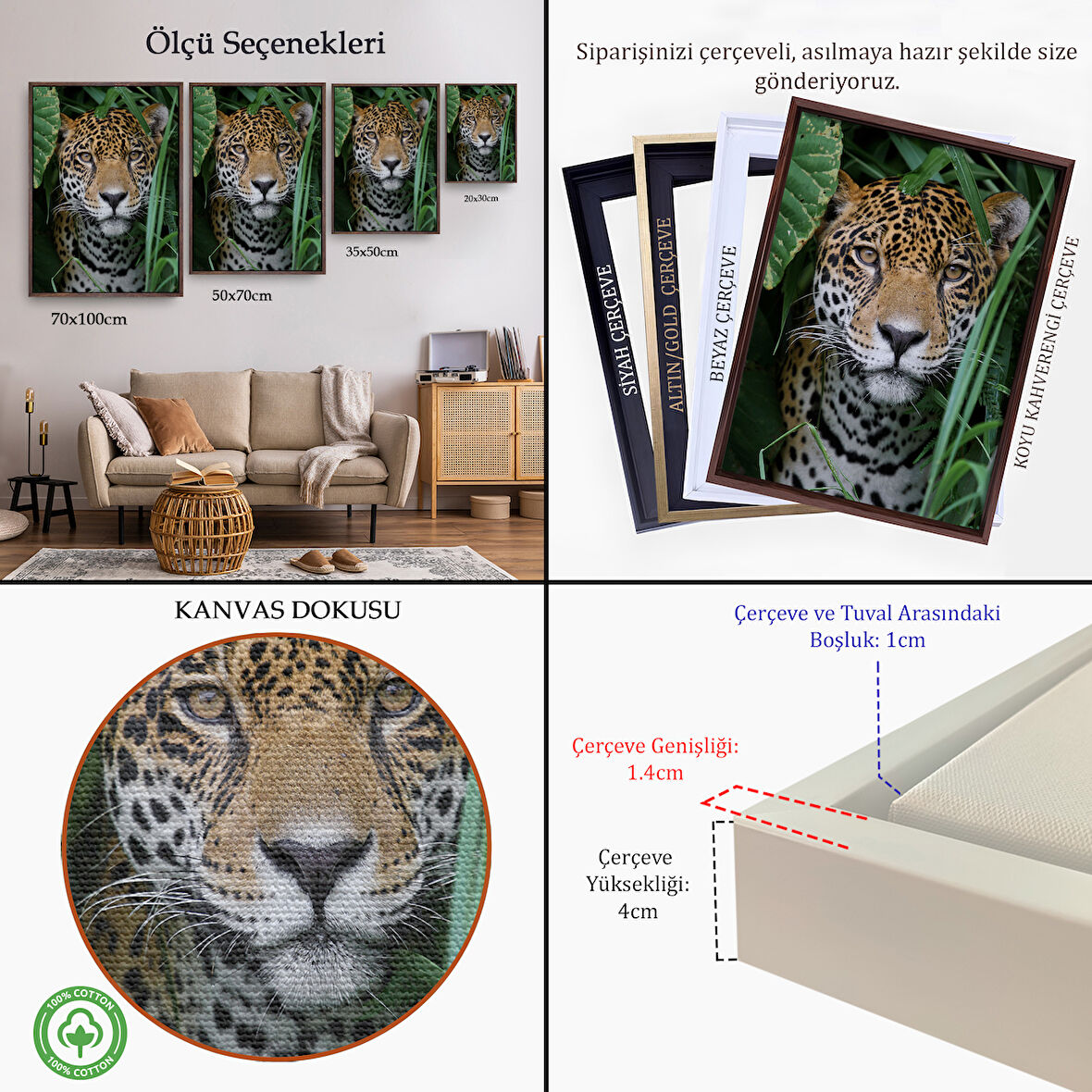 Altın Çerçeveli Leopar Dekoratif Kanvas Tablo