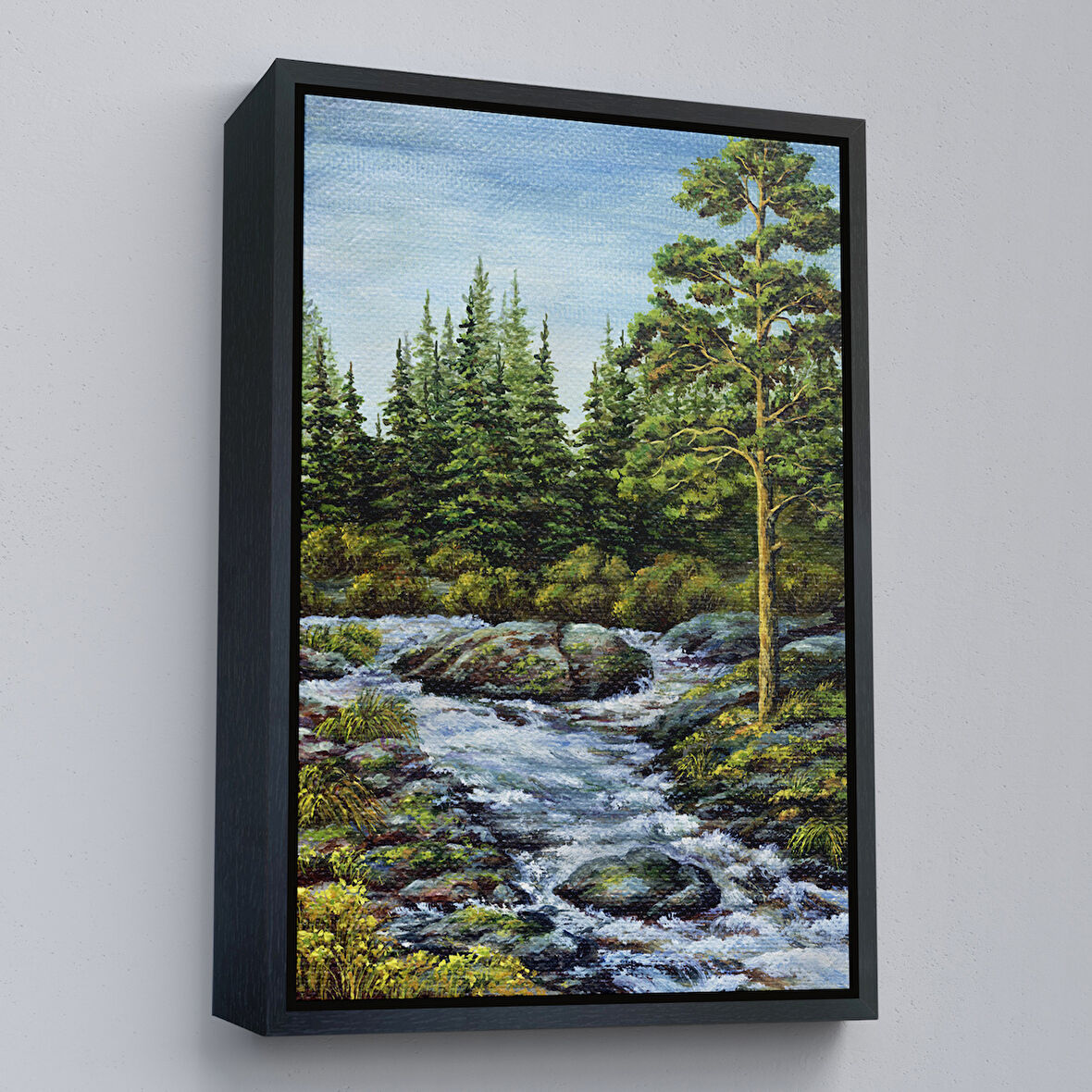 Siyah Çerçeveli Ormandan Akan Akarsu Tablo