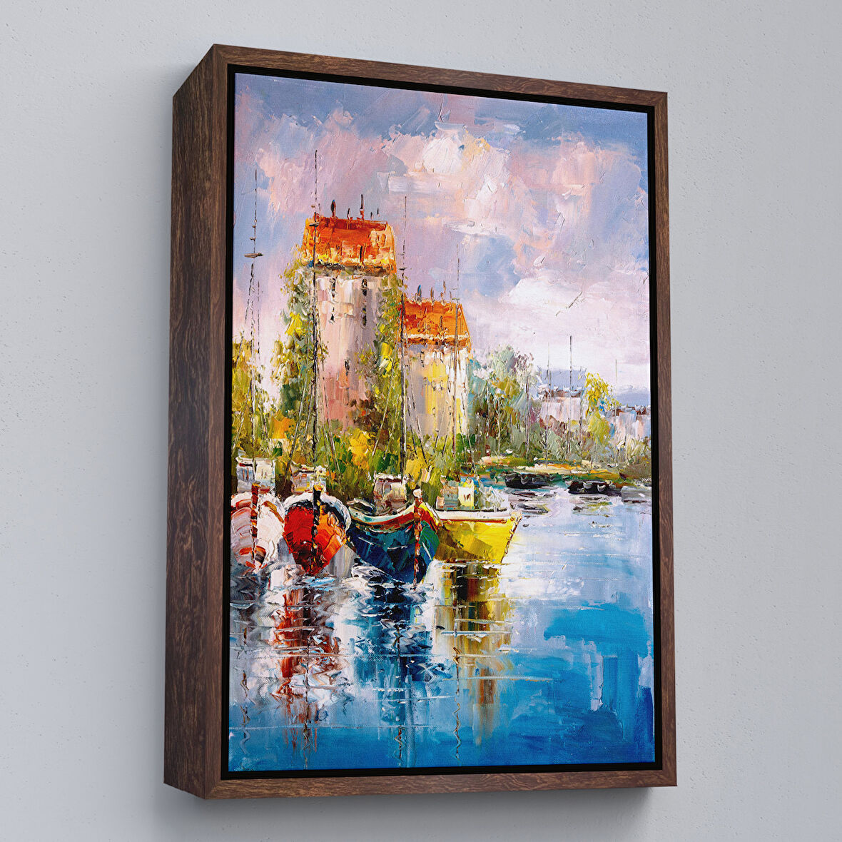 Kahverengi Çerçeveli Liman Manzarası Yağlıboya Görünüm Dekoratif Kanvas Duvar Tablosu