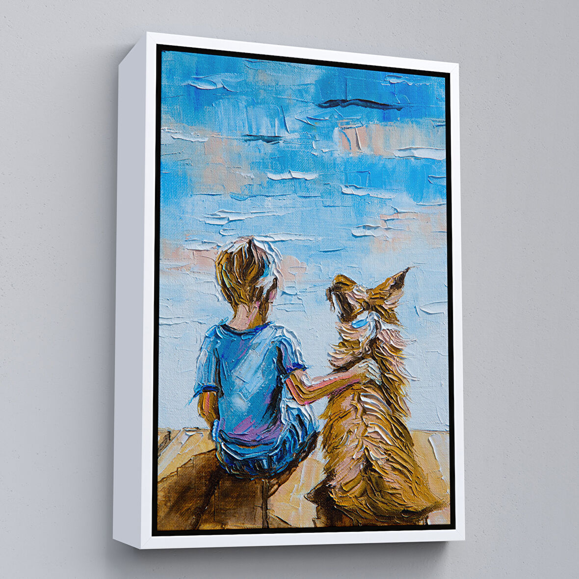 Beyaz Çerçeveli Göl Kenarında Oturan Çocuk ve Köpeği Duvar Tablo