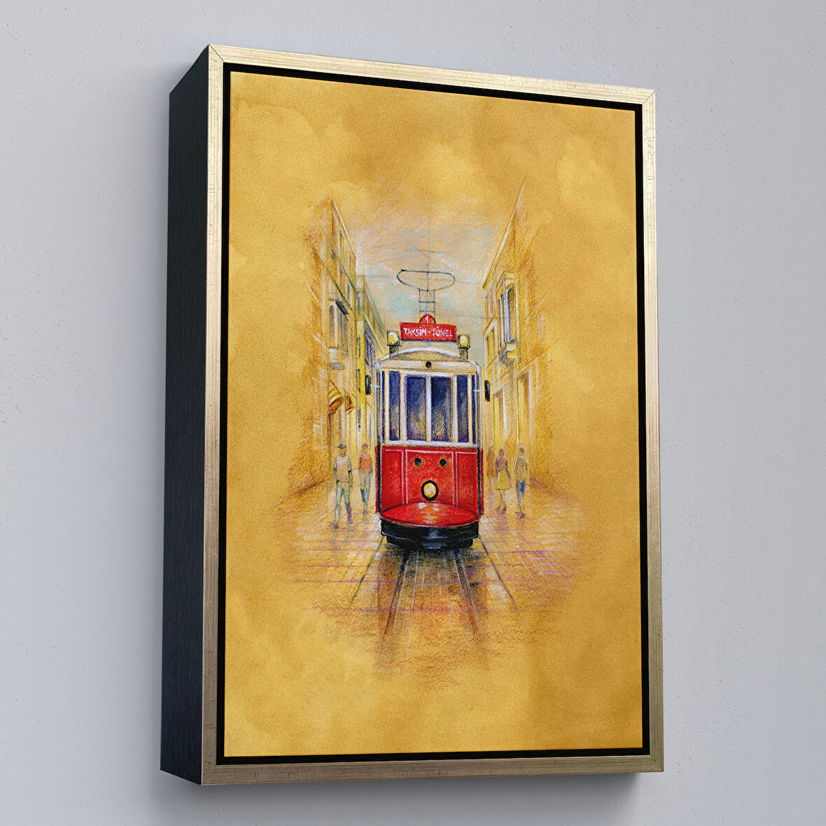 Altın Çerçeveli İstiklal Caddesi ve Tarihi Tranvay Duvar Tablosu