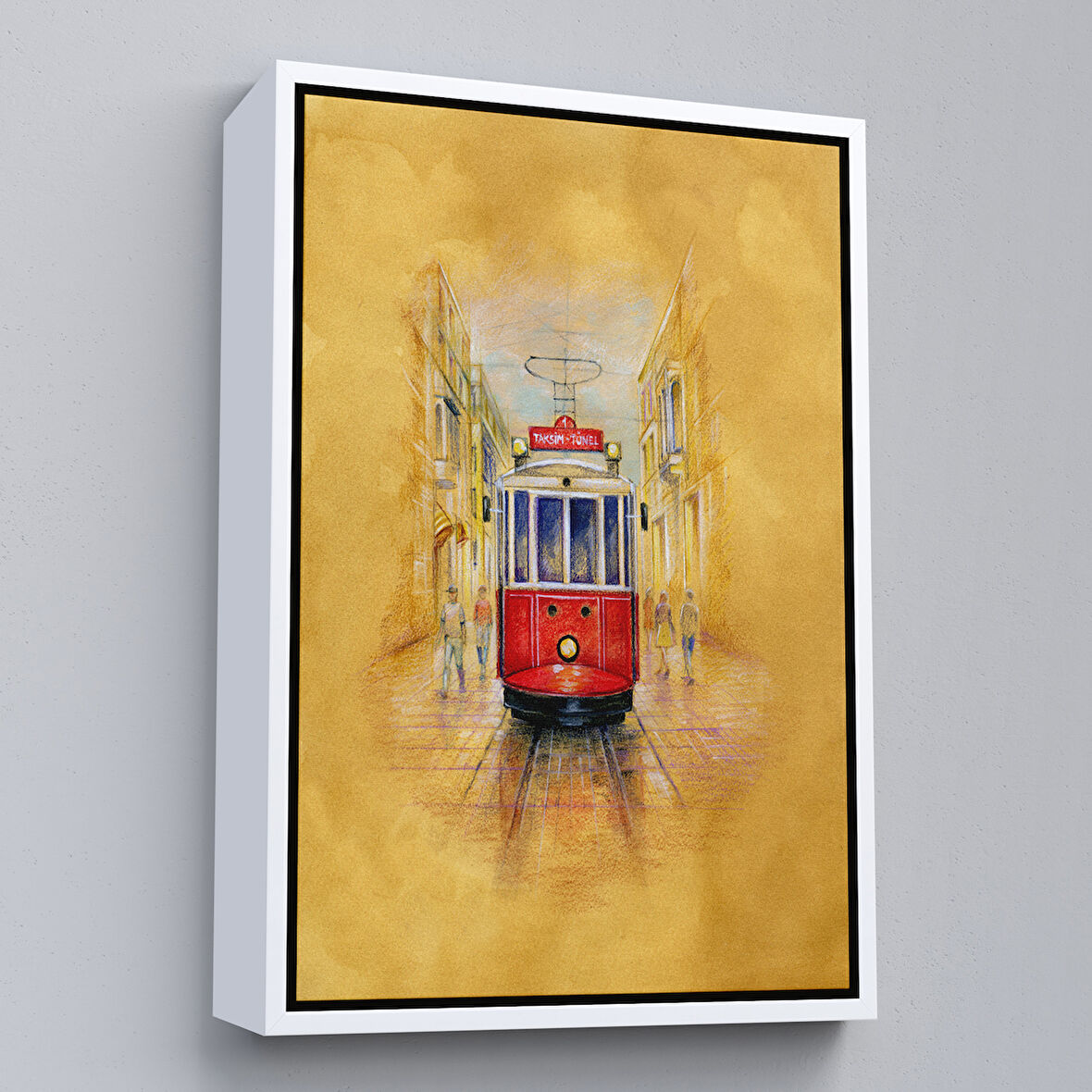 Beyaz Çerçeveli İstiklal Caddesi ve Tarihi Tranvay Duvar Tablosu