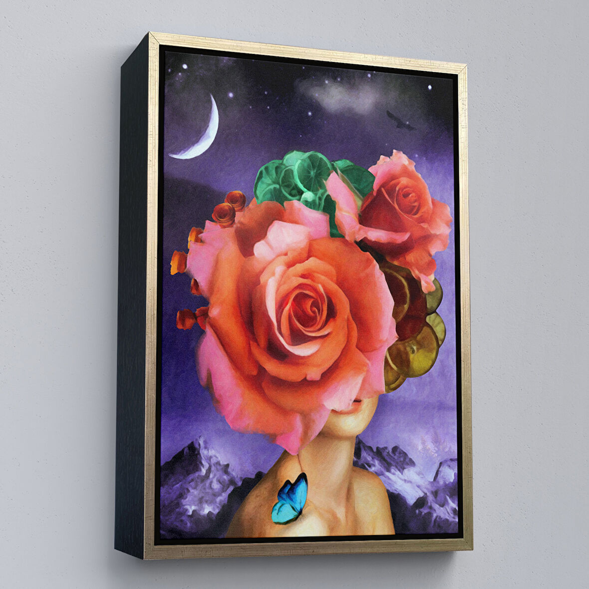 Altın Çerçeveli Gül Başlı Kadın Modern Sanat Tablosu