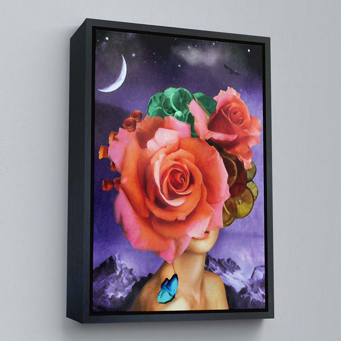 Siyah Çerçeveli Gül Başlı Kadın Modern Sanat Tablosu