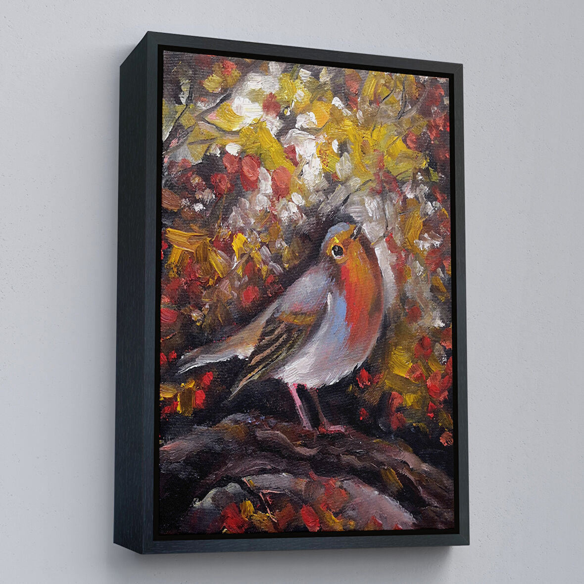 Siyah Çerçeveli İngiliz Kırmızı Robin Kuşu Duvar Tablosu