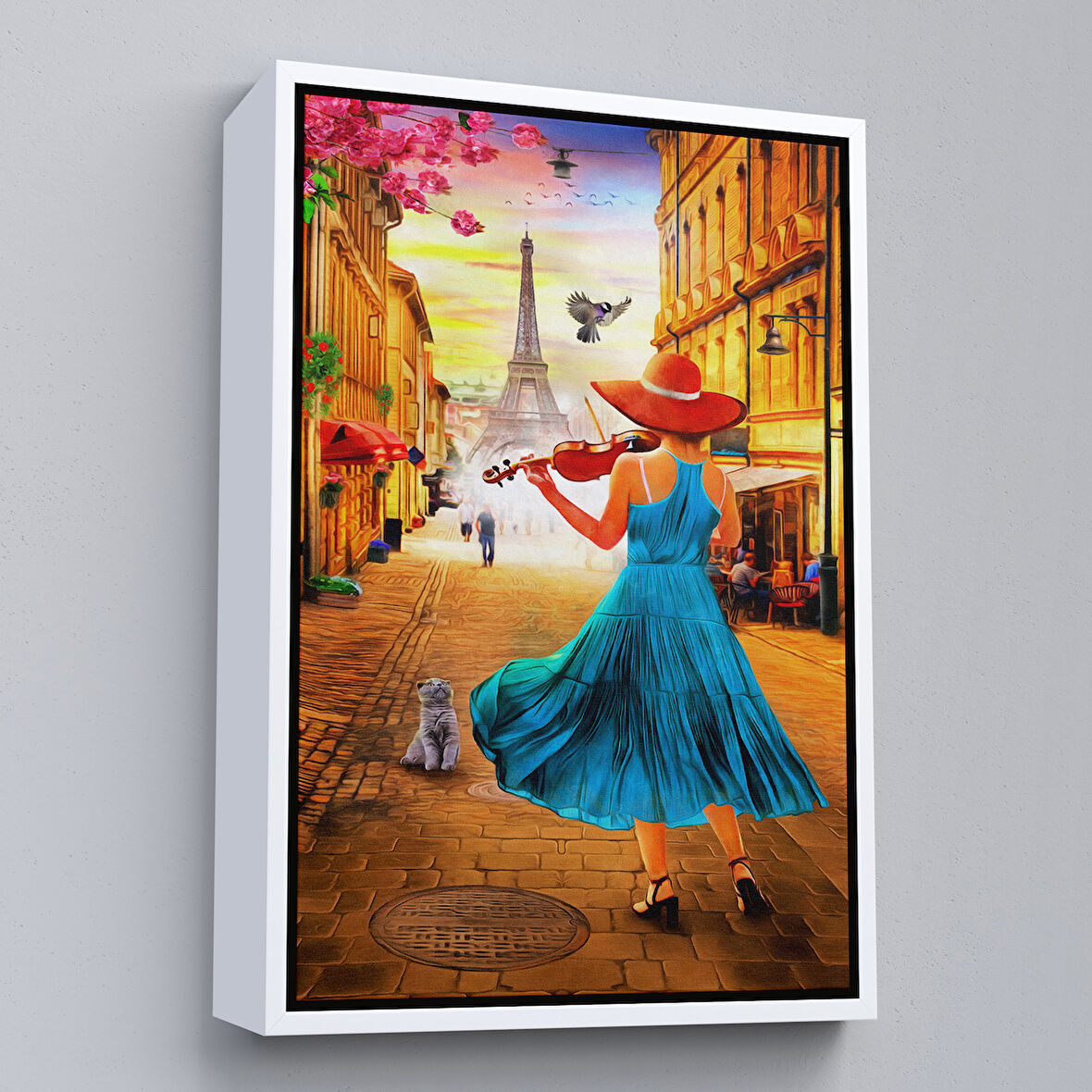 Beyaz Çerçeveli Paris de Etfel Kulesine Karşı Keman Çalan Kız Tablosu
