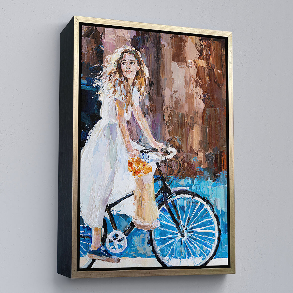 Altın Çerçeveli Bisiklete Binen Beyaz Elbiseli Kız Duvar Tablosu