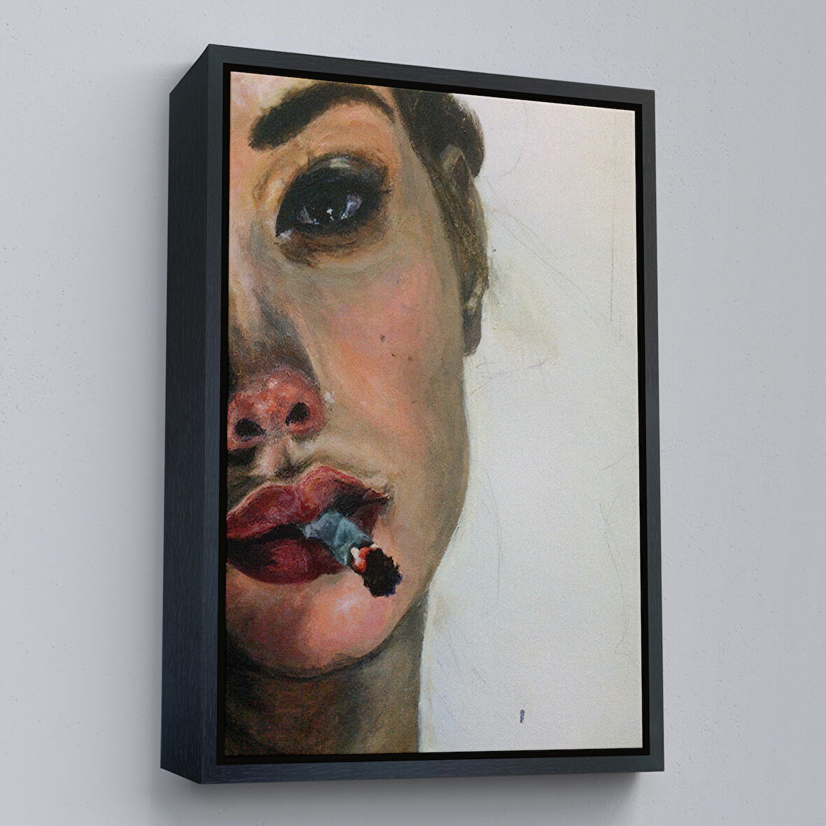 Siyah Çerçeveli Sigara İçen Bitgin Kadın Tablosu