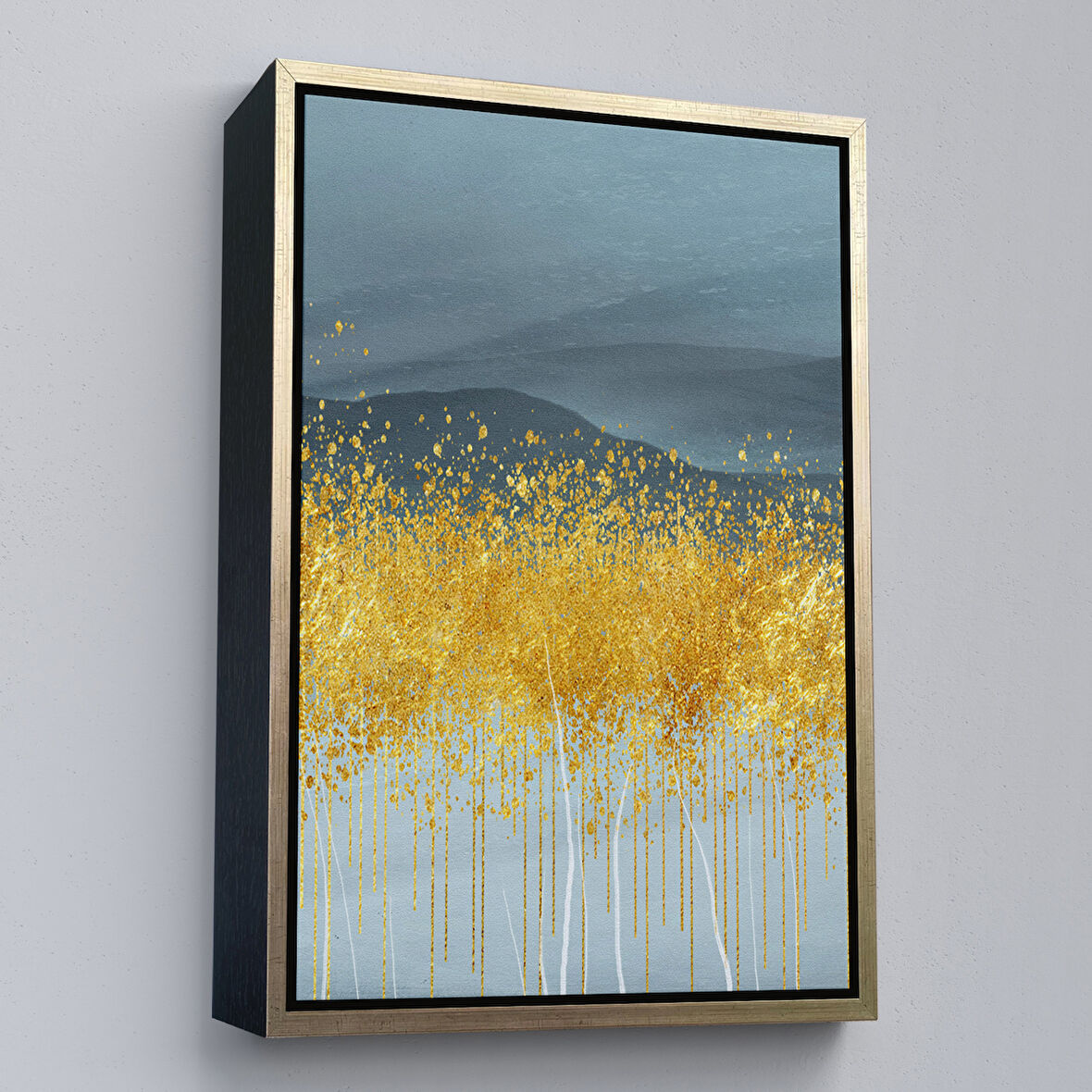 Altın Çerçeveli Modern Altın ve Mavi Soyut Tablosu