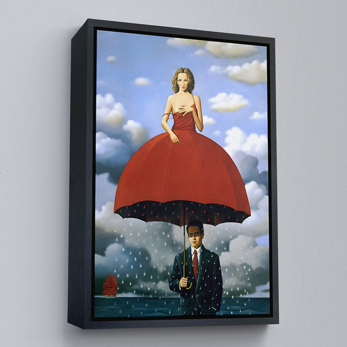 Siyah Çerçeveli Kırmızı Elbiseli Kadın Sürreal Duvar Tablosu