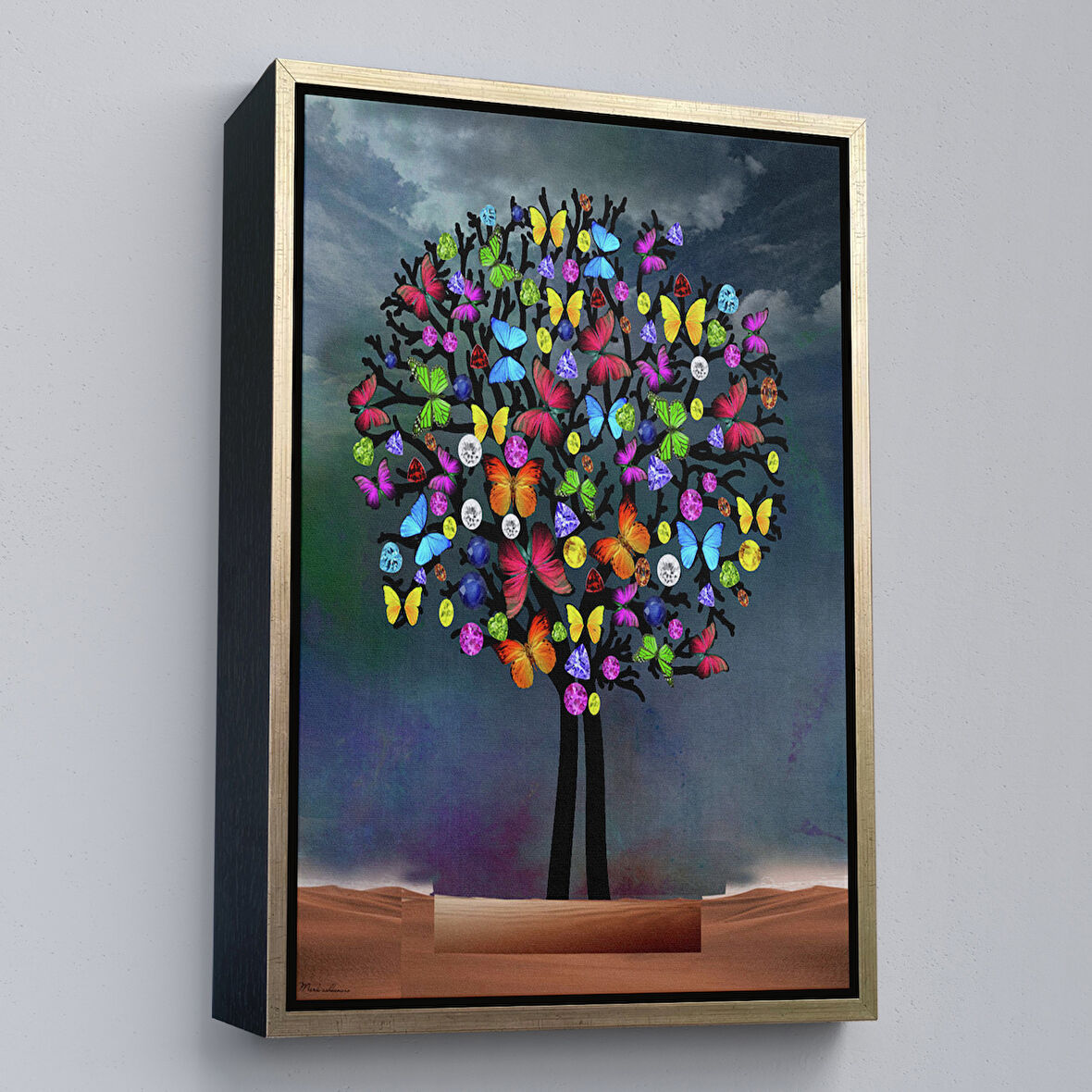 Altın Çerçeveli Kelebekler Ağacı Duvar Tablosu