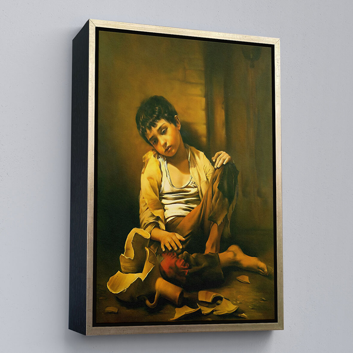 Altın Çerçeveli İranlı Ressam Morteza Kartouzıan Garip Çocuk Eseri Duvar Tablosu