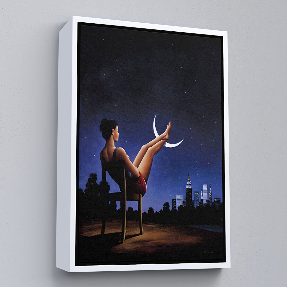 Beyaz Çerçeveli Ay'a Ayaklarını Koyup Dinlenen Kadın, Sürreal Sanat Tablosu