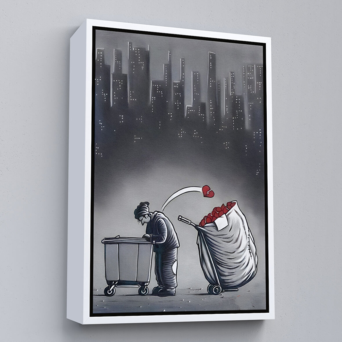Beyaz Çerçeveli Şehirdeki Kırık Kalpleri Toplayan Çöpçü Duvar Tablosu