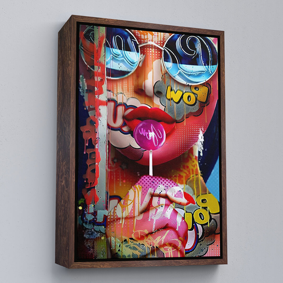 Kahverengi Çerçeveli Pop Art Sokak Sanatı Renkli Kadın Dekoratif Duvar Tablosu