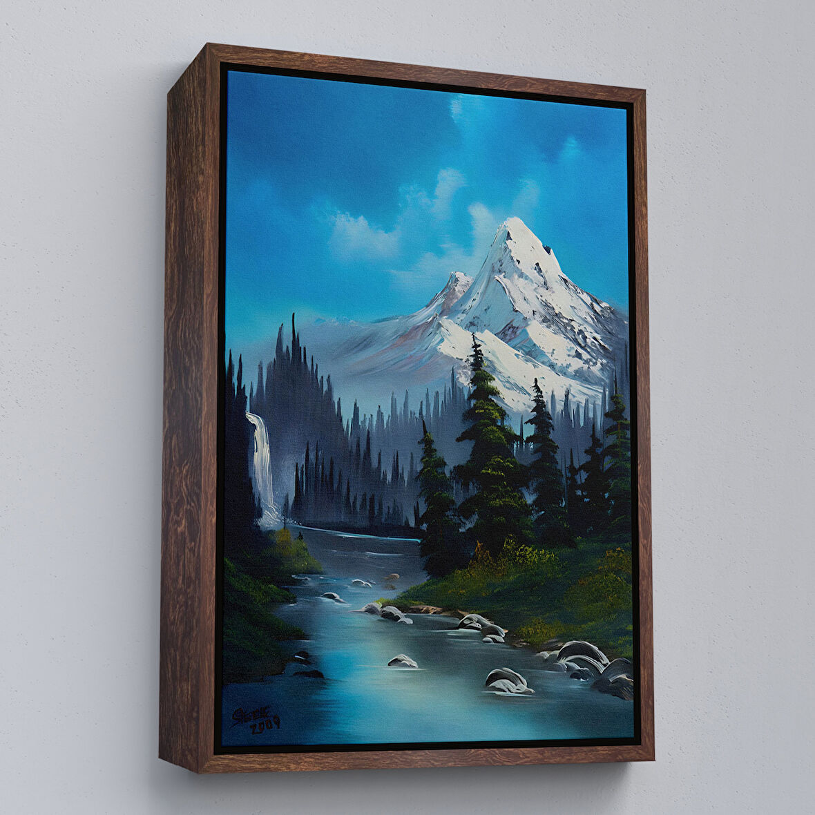 Kahverengi Çerçeveli Rusya Dağ ve Akarsu Manzaralı Dekoratif Duvar Tablosu