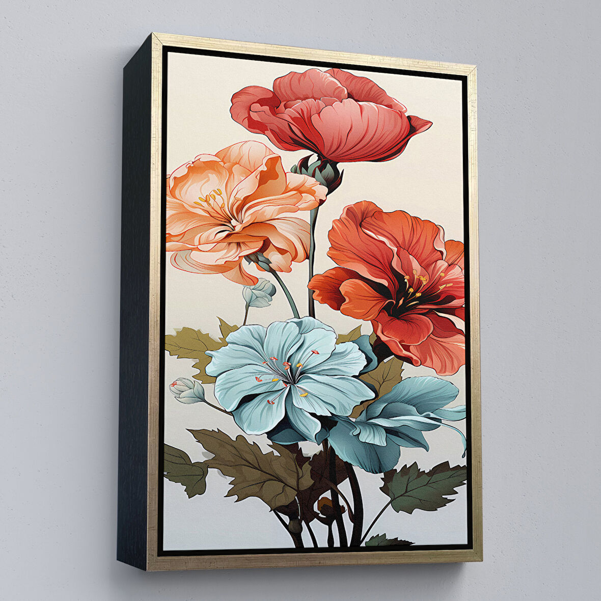 Altın Çerçeveli Renkli Çiçekler Tablosu