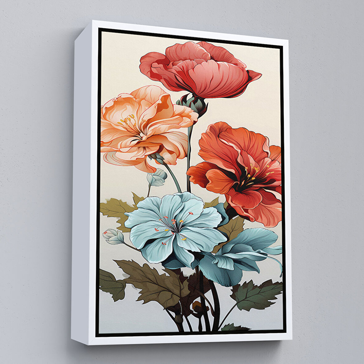 Beyaz Çerçeveli Renkli Çiçekler Tablosu