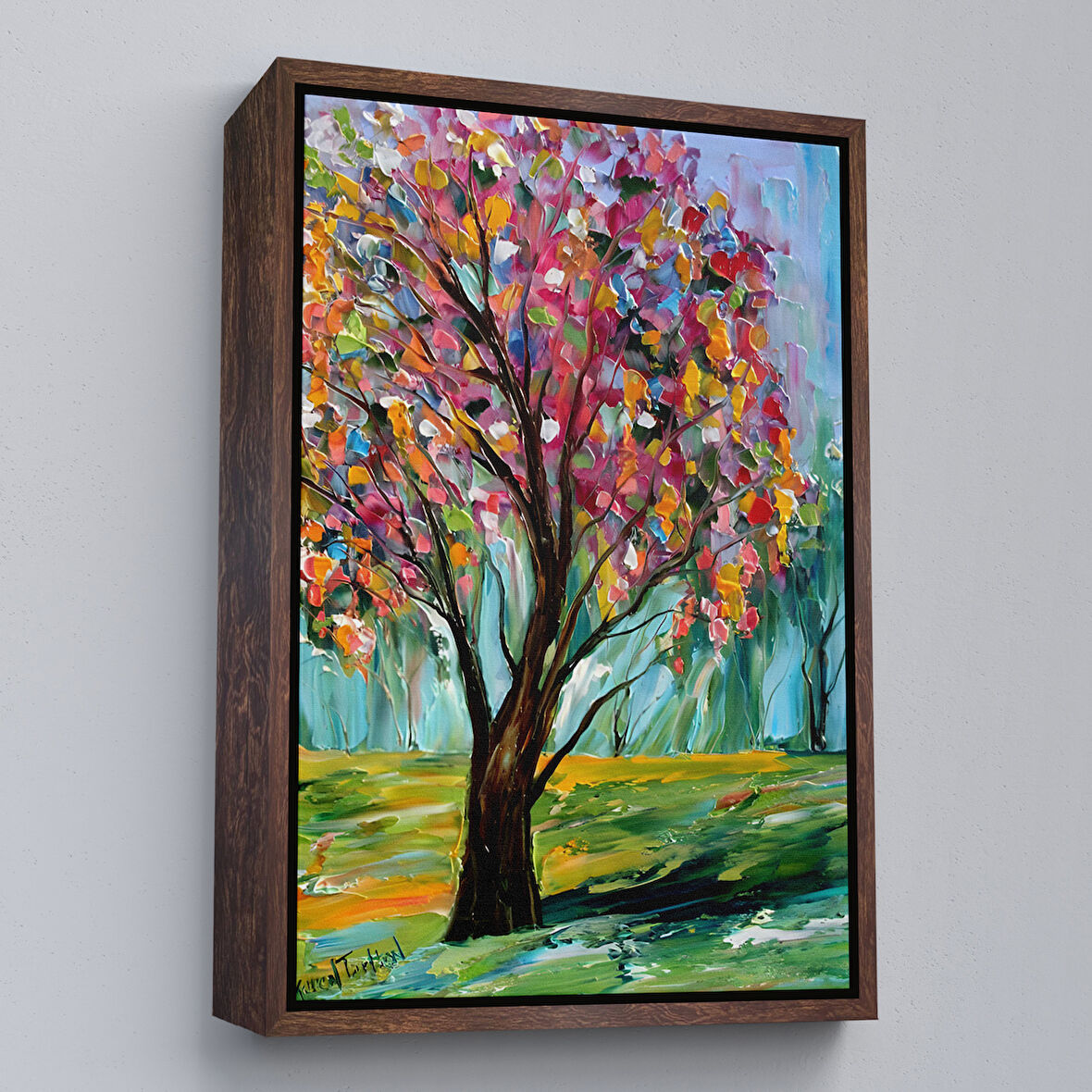 Kahverengi Çerçeveli Renkli Bahar Ağacı Dekoratif Duvar Tablosu