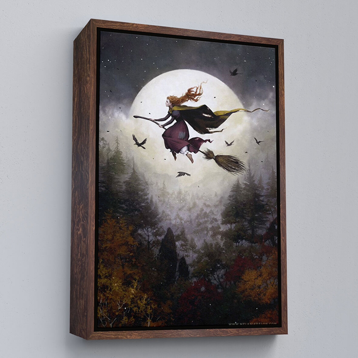 Kahverengi Çerçeveli Süpürge ile Uçan Cadı, Cadılar Bayramı Helloven Duvar Tablosu