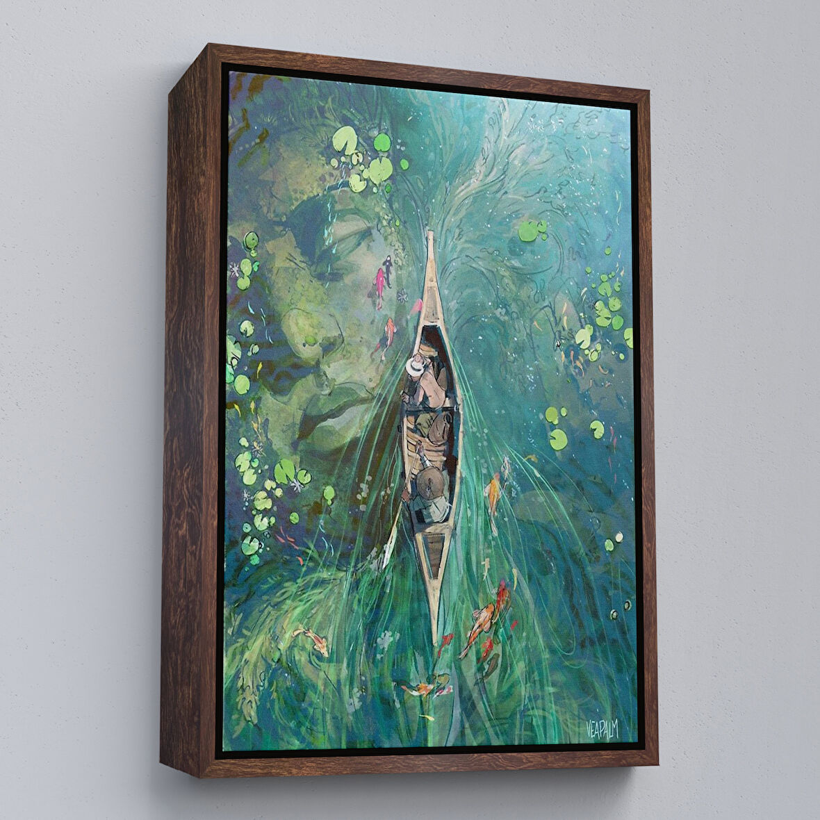 Kahverengi Çerçeveli Lilyumların Altında Kano ile Gezen Duvar Tablosu