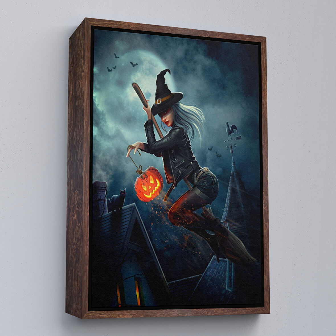 Kahverengi Çerçeveli Süpürge İle Uçan Cadı ve Kabağı Cadılar Bayramı Helloven Duvar Tablosu