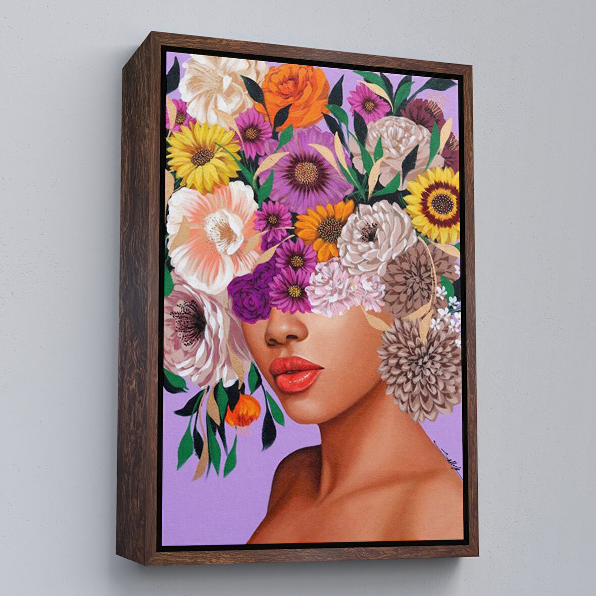 Kahverengi Çerçeveli Çiçek Kafalı Kız Çocuğu Dekoratif Duvar Tablosu